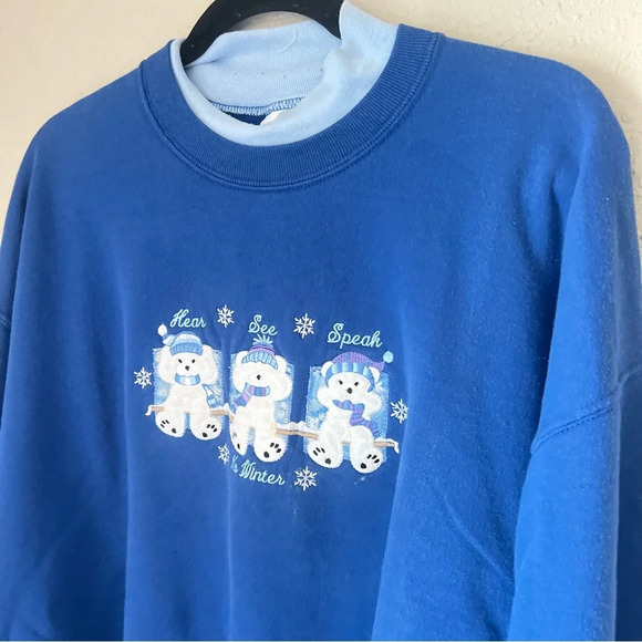Vintage- Blue - Womens Crew neck, speak, hear, see no evil holiday cozy crewneck - Picture 3 of 3